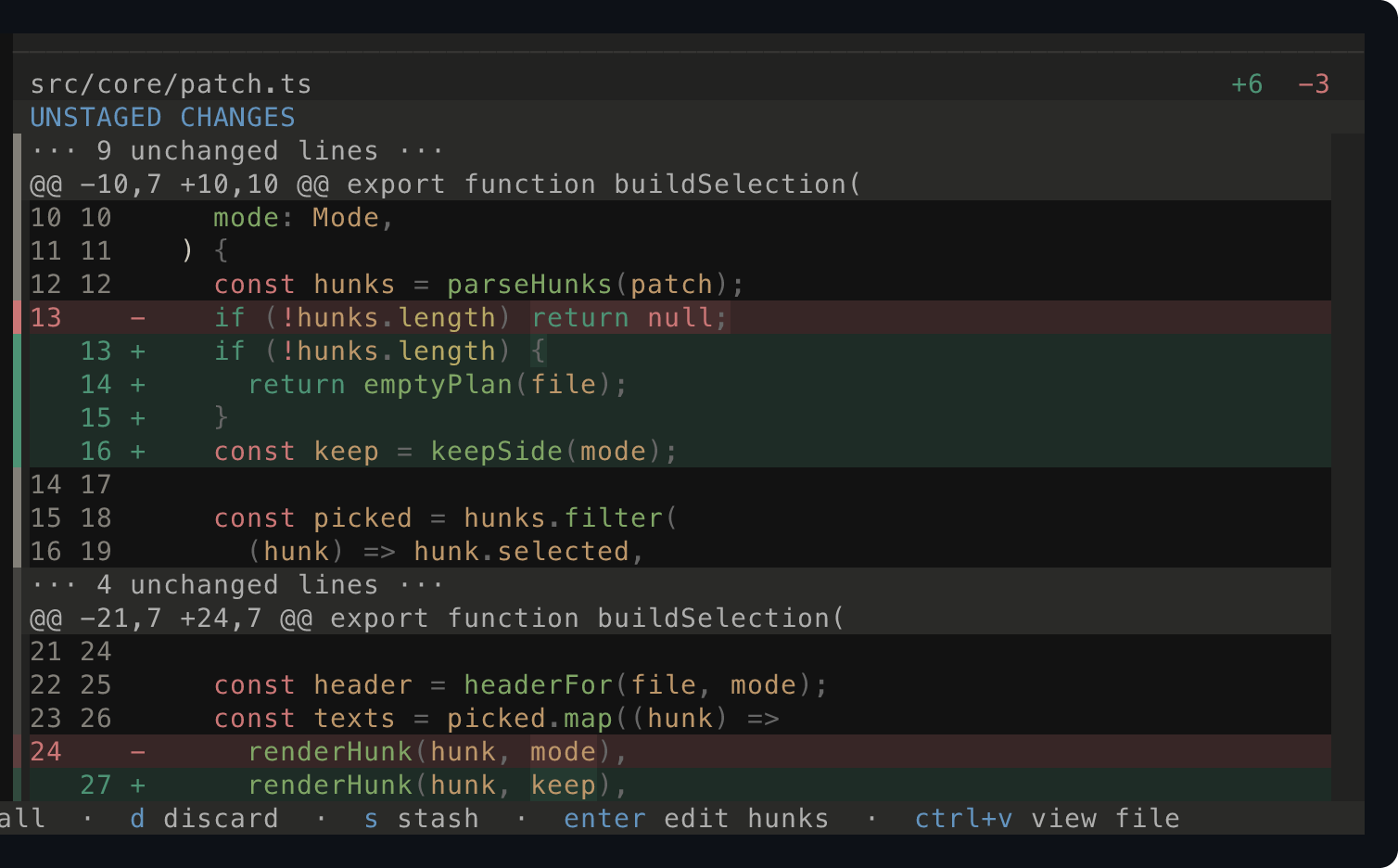 The same hunk shown in one column, with removed lines above added lines.